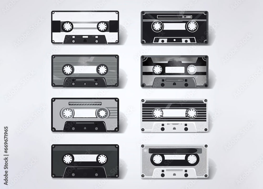 Black audio cassettes on a white background, black and white illustration, top view