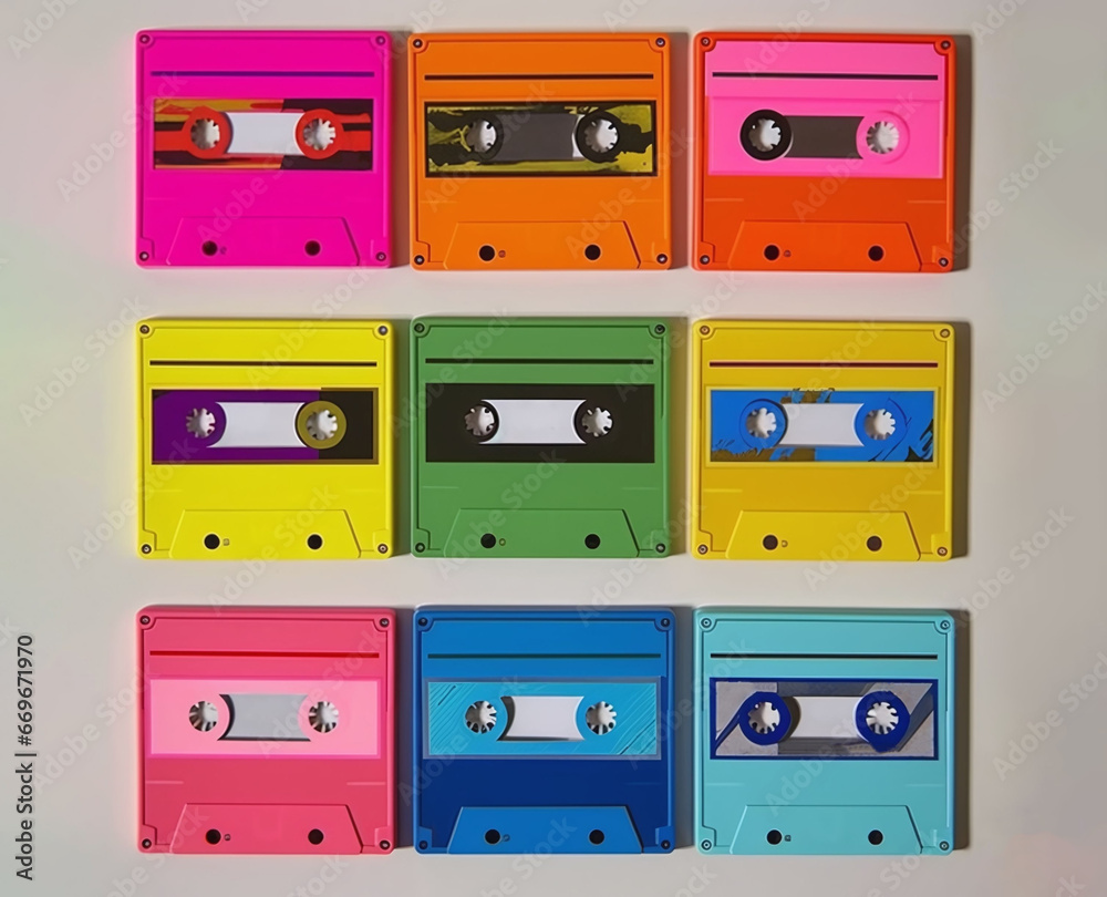 Fototapeta premium Multi-colored, retro, old audio cassettes on a beige background, 80 years old, top view