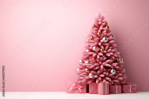 Christmas tree with silver decoration and gifts on pink background. Copy space. Banner. Xmas greeting card.