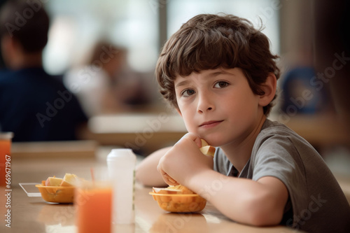 A boy has breakfast in the school cafeteria. lifestyle, childhood, school meals, privacy.