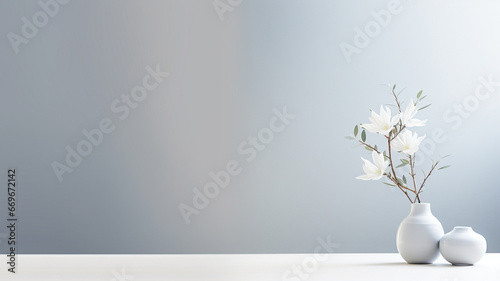 balanced, and softly lit still-life scene, with a vase and plant.