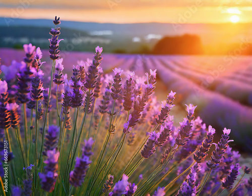 Blooming lavender flowers at sunset in Provence  France. Macro image