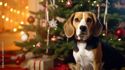  Beagle Poses Near a Beautifully Decorated Christmas Tree. © Sandris_ua