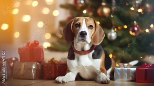  Beagle: Adorable Dog Sitting Beside a Sparkling Christmas Tree