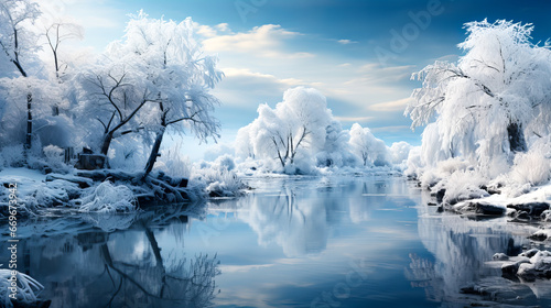 Beautiful winter landscape with a frozen lake and trees covered with hoarfrost. Generative AI technology. © Grycaj