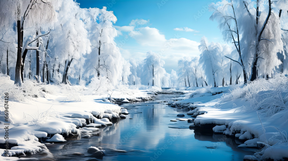 Beautiful winter landscape with a frozen lake and trees covered with hoarfrost. Generative AI technology.