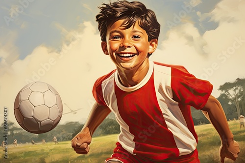 Illustration of a boy playing football on a football field © Olena