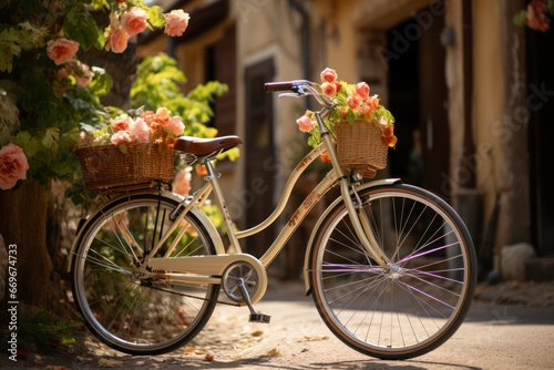 A vintage bicycle with a basket of fresh flowers © Hunman