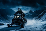Midnight snowmobiling in polar landscapes background with empty space for text 