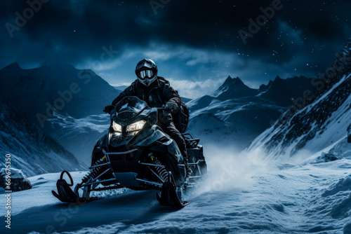 Midnight snowmobiling in polar landscapes background with empty space for text  © fotogurmespb