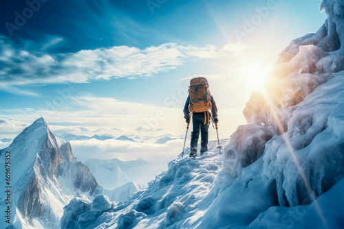 Ice climber ascending frosty Arctic peak background with empty space for text  photo