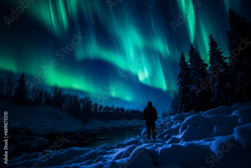 Solitary observer captivated by mystic Aurora Borealis in snowy wilderness solitude 