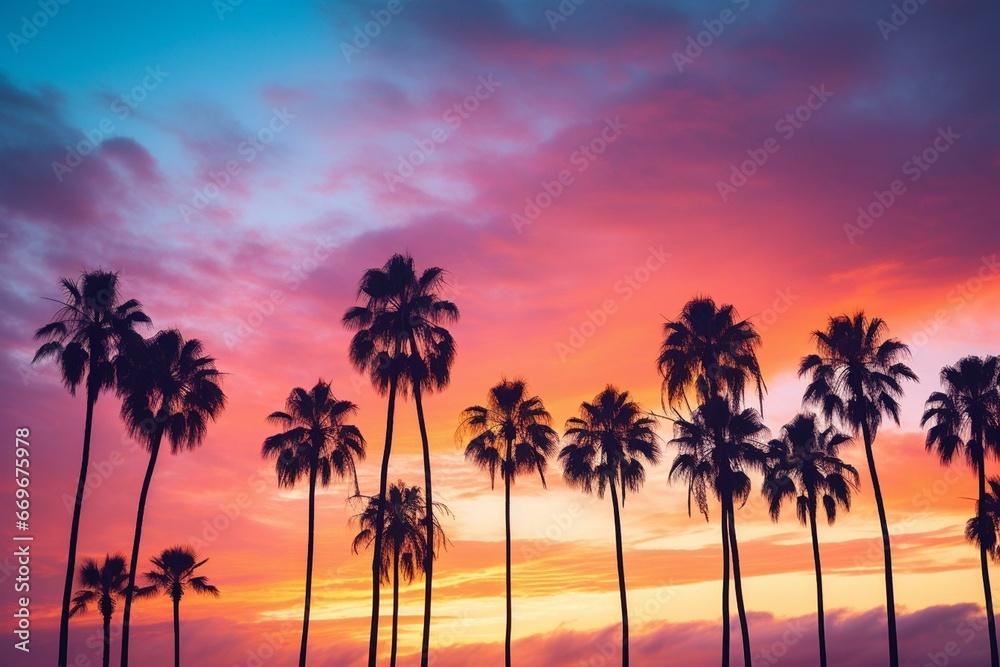 Stunning palm trees silhouetted against a colorful sunset sky. Generative AI