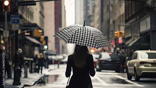 Independent woman with umbrella in big city. Generative AI