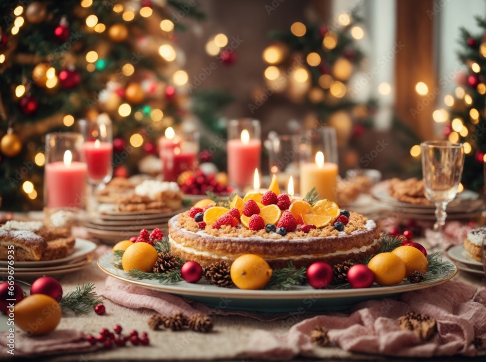 Festive Christmas table with colorful decorations warm lights and joyful ambiance