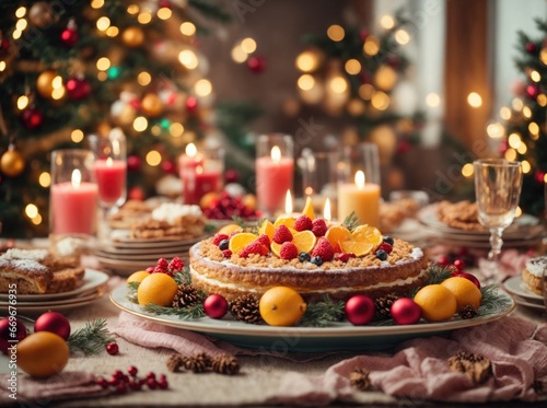 Festive Christmas table with colorful decorations warm lights and joyful ambiance