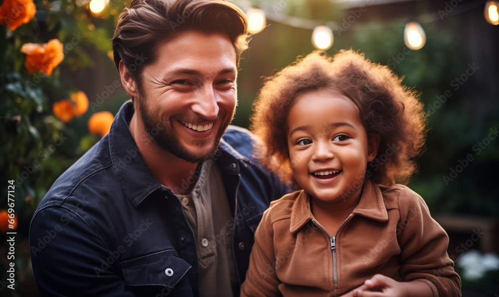 Fototapeta premium Joyful Family and Baby Son Embrace the Outdoors at Home