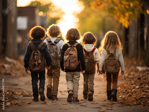 On their first day of school, a group of young children showcases the back-to-school concept by walking together in friendship.