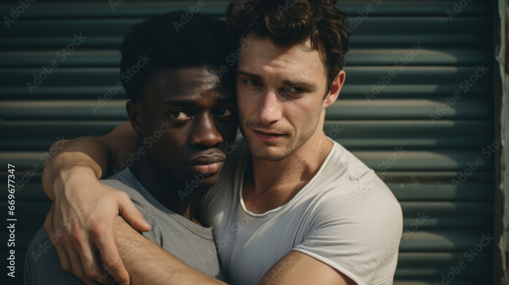 Obraz premium Two men hug each other. International hug day