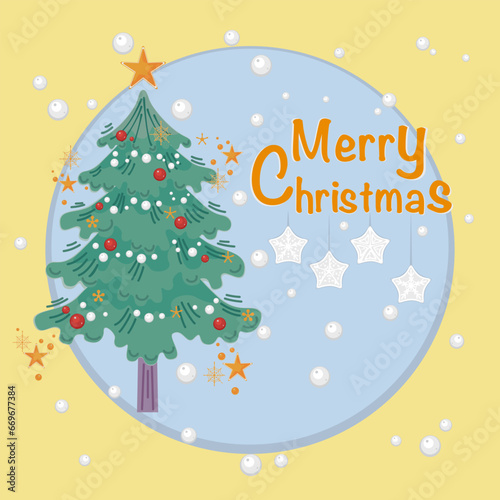 Vector illustration of Christmas and New Year on Christmas background, sparkling fir trees with winter landscape with snowflakes, starlight, Merry Christmas card.