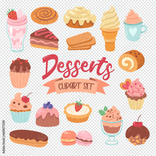 Dessert products isolated on white background. Cupcakes, sweets, ice creams, and pastries. Hand-drawn illustration. Isolated clip arts. Vector illustration. Set 1 of 2.