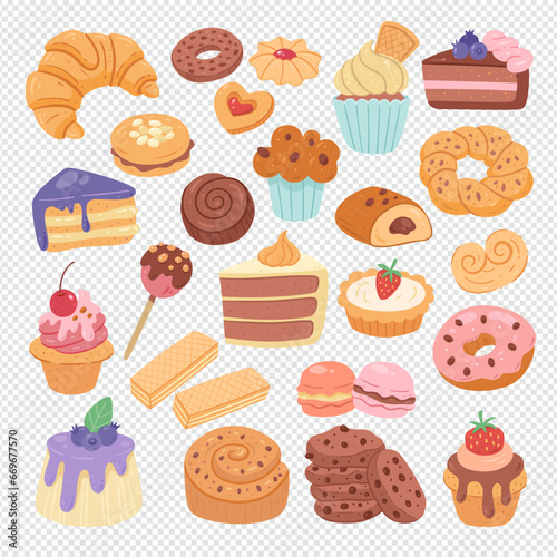Dessert products isolated on white background. Cupcakes, sweets, ice creams, and pastries. Hand-drawn illustration. Isolated clip arts. Vector illustration. Set 2 of 2.