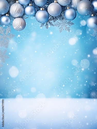 A Festive Blue Christmas Frame with Snowflakes and Winter Elements on a Holiday Background