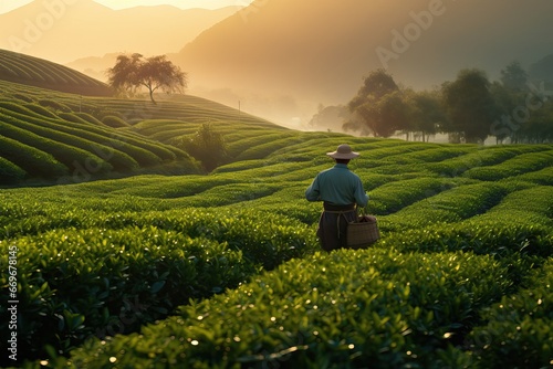 Chinese Farmer Inspecting Highland Tea Plantation