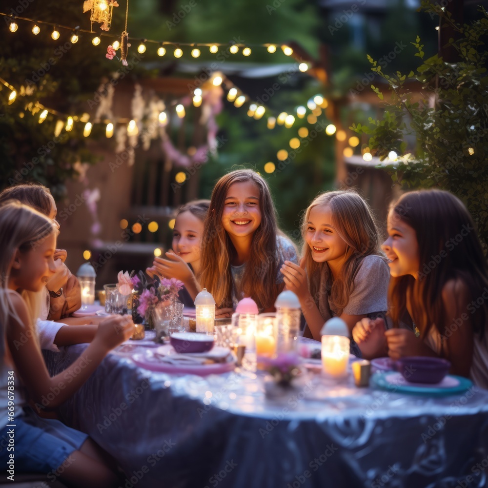 Group of happy kids sitting at table and having dinner at summer garden party Group of happy kids sitting at table and having dinner at summer garden party