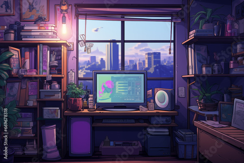 Charming Anime Room: Vintage Television, Posters, Cozy Bookshelves, Lo-Fi Palette, and Purple Hues in Cartoonish Delight
