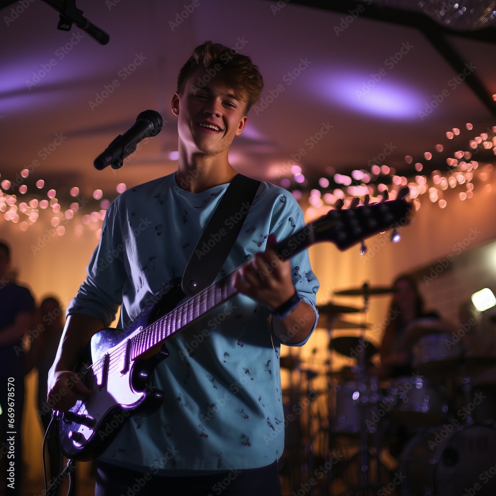 Obraz premium Portrait of a young man playing the electric guitar in a nightclub