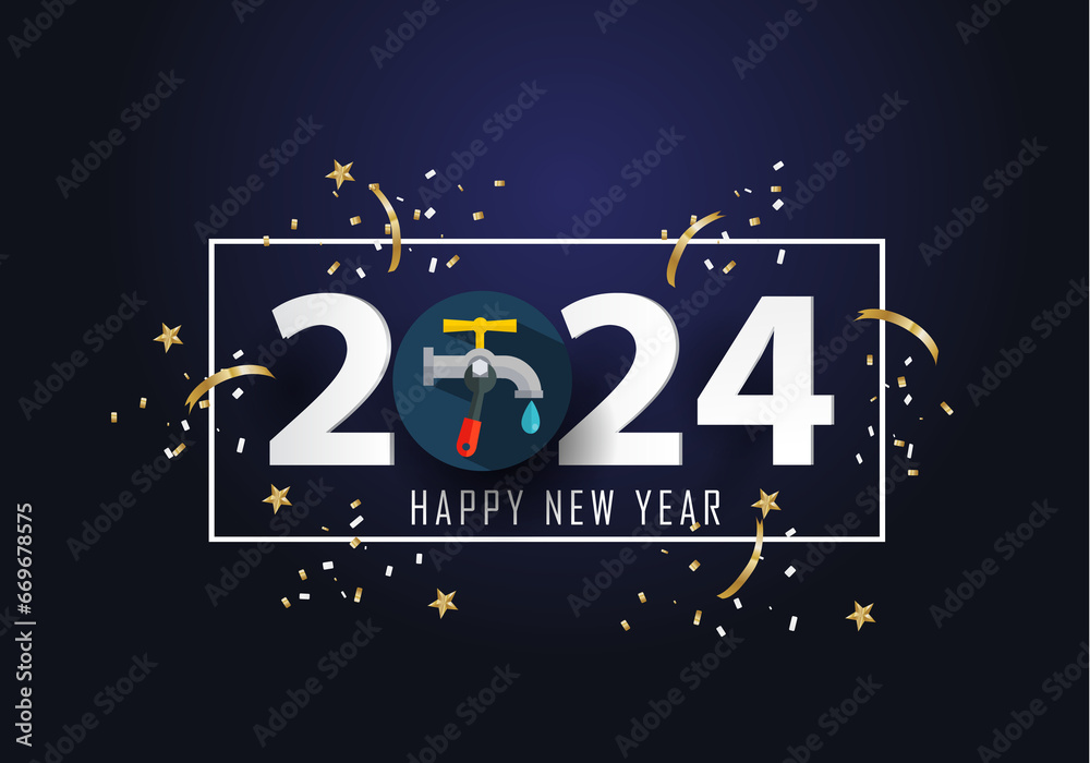 Happy new year 2024 Year 2024 with plumbing icon
 - obrazy, fototapety, plakaty 