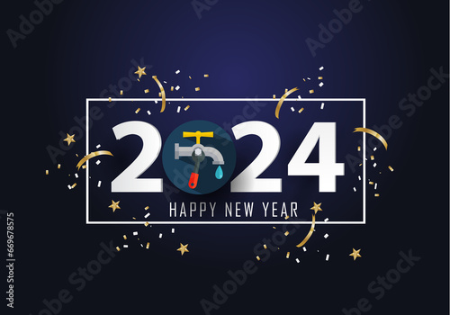 Happy new year 2024 Year 2024 with plumbing icon

