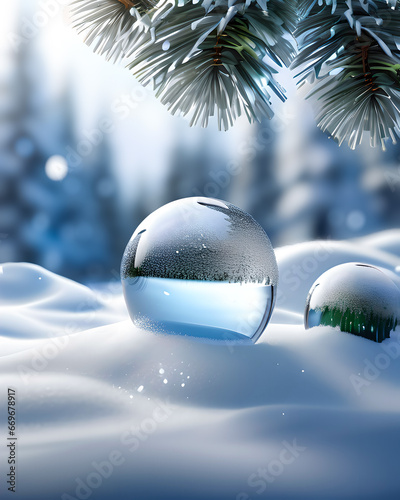Niebieskie tło zimowe ze śniegiem, bańkami świątecznymi na choince i z miejscem na tekst 