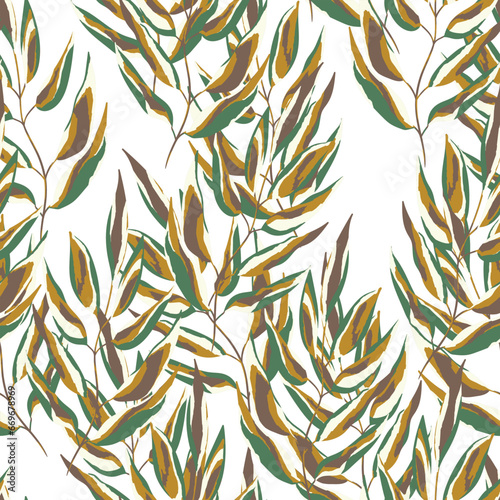 Green and white seamless pattern with sprigs. Vector stock illustration for fabric  textile  wallpaper  posters  paper. Fashion print. Branch with monstera leaves. Doodle style