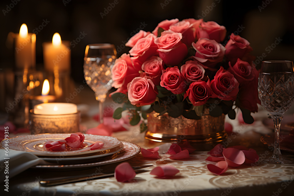 Elegant table setting with candlelight, roses. Elegant table setting with candlelight, roses.