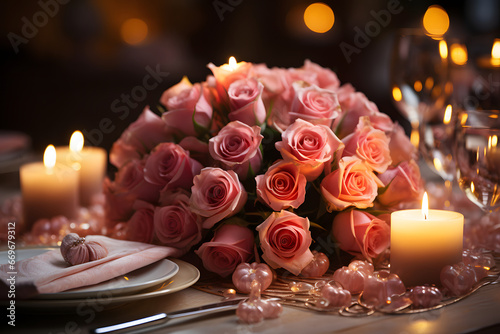 Elegant table setting with candlelight  roses.