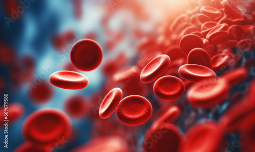 Close up microscope image of red blood cells flowing through a vein