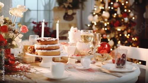  Brunch  Elegant Christmas Table Setting with Delicious Food and Decorative Ornaments