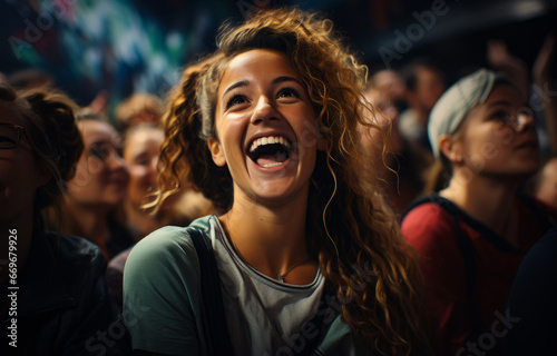 A Joyful Woman Amidst a Vibrant Gathering of Individuals. A woman laughing in a crowd of people