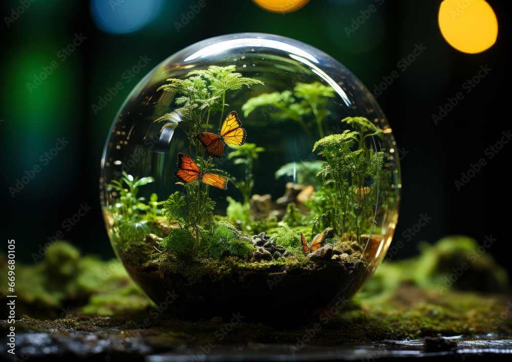 Glass sphere with butterfly and moss background. A glass ball filled with moss and butterflies