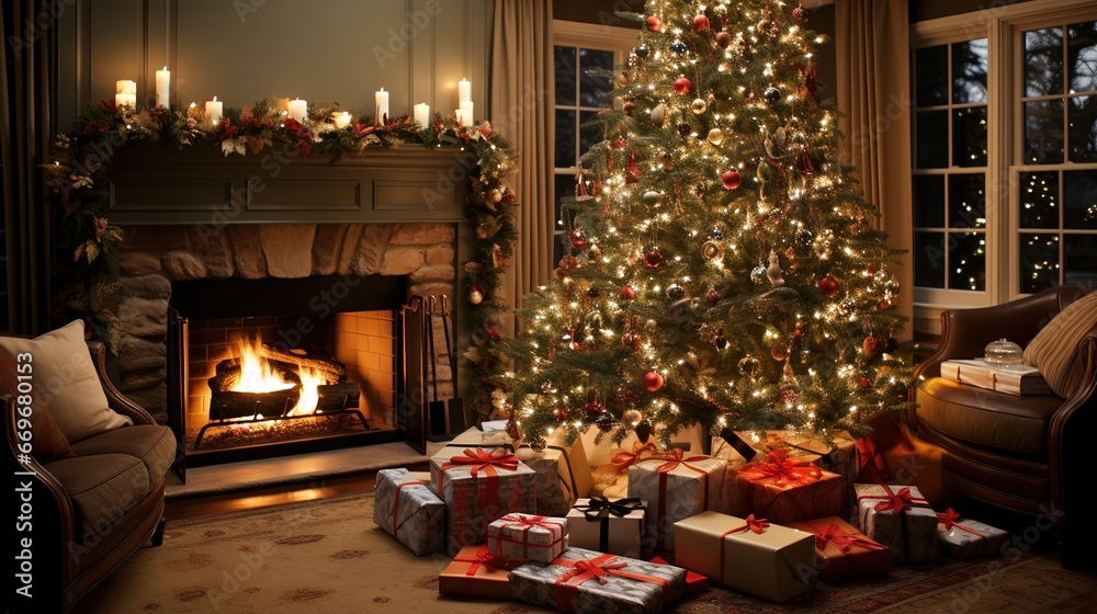The Christmas tree is surrounded by presents wrapped in festive paper twinkling lights and colorful ornaments
