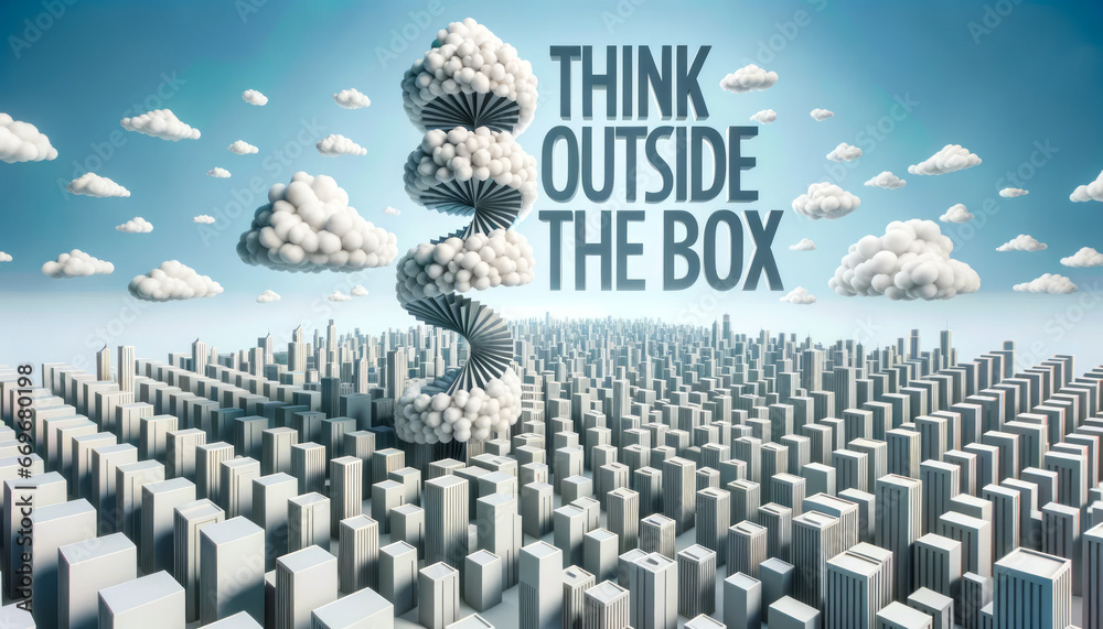 Obraz premium City of Conformity: Spiraled Structure in Cube City with Sky Projected Think Outside the Box