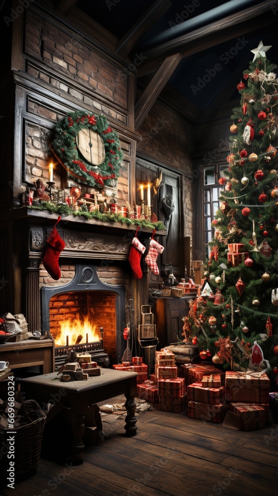 Fototapeta premium The Christmas tree is surrounded by presents wrapped in festive paper twinkling lights and colorful ornaments