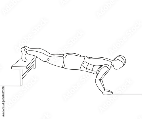 Decline push up exercise Line Drawing isolated on copy space white background, Decline press up exercise editable vector illustration, Continuous one line drawing, exercise line art, gym one line art