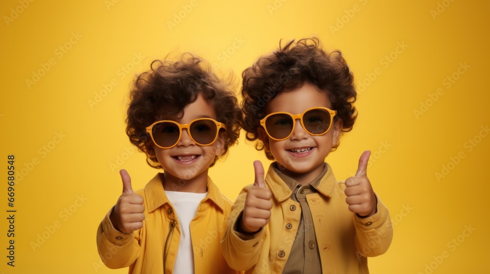 studio portrait, twin curly-haired boys don sunglasses and give a thumbs-up gesture while isolated against a vibrant yellow background, radiating youthful enthusiasm - obrazy, fototapety, plakaty 