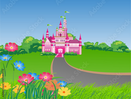 The view to the road leading to a fairytale castle with multicolored flowers and green grass in the foreground. Vector illustration.