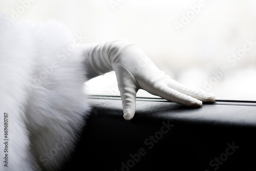 Elegant gloved hand resting on a car door with a soft focus fur detail.