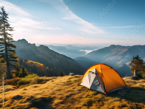 Camping with friends near lake and mountain, camping tent setup near river or mountain on afternoon or morning, hiking and camping on hill-side, enjoying vacation on camping, ai generated © Akilmazumder