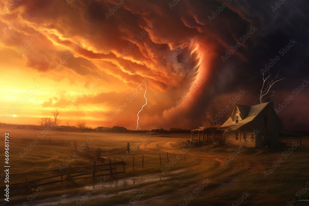 Sunset tornado over farm. Generative AI